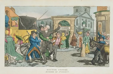 Doctor Syntax robbed in St. Giless, from The Tour of Doctor Syntax through London, or the Pleasures and Miseries of the Metropolis. A Poem, published 1820