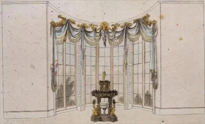 Drawing room window curtain and jardiniere, plate 101 from Ackermann