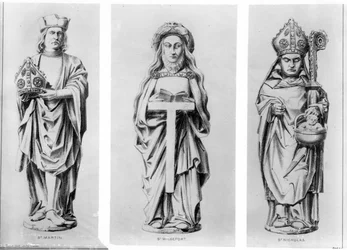 Drawings of Saints Martin, Wilgefort and Nicholas from their statues in Henry VII Chapel, Westminster Abbey