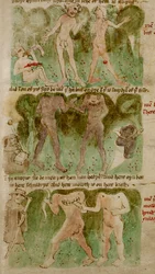 Drawings of the monstrous races in the kingdom of Dondun, including cyclops, cannibalistic giants and blemmyae, illustration from 