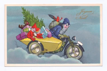 Edwardian Christmas Postcard of Father Christmas Driving a Vintage Sidecar Motorcycle with Children and Gifts, c.1910