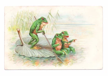 Edwardian Postcard of Two Frogs Sitting on a Water Lily Boat While a Third is Rowing, c.1910
