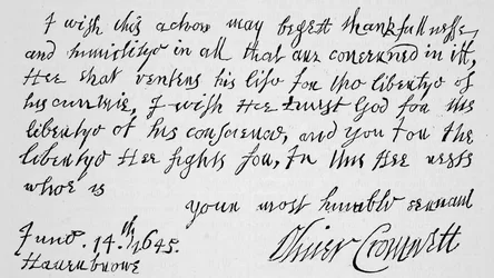 Facsimile of a portion of the letter written by Cromwell to Lenthall, Speaker of the House of Commons, announcing the Victory of Naseby