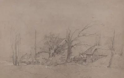 Farm Buildings by a River Bank