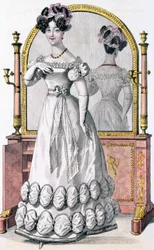 Fashion plate of a lady in evening dress, advertisement from 