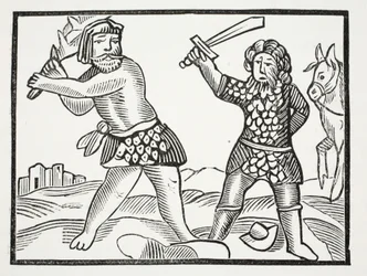 Ferragus raises a mighty army and lays siege to the city of Acquitain, illustration from Chap-books of the Eighteenth Century by John Ashton, pub. 1882