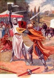 Fighting Knights in Armour. Coloured Illustration from the Book 