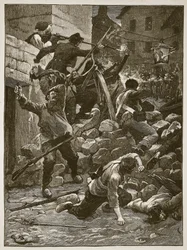 Fighting at the barricades in Paris, illustration from Cassell