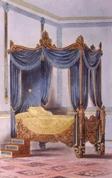 Four-poster bed, plate 186 from Ackermann