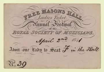 Free Masons Hall, Ladies Ticket, Annual Festival, Royal Society of Musicians, 2 April 1841