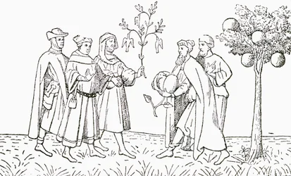 Friar Oderic of Pordenone Holding a Branch from a Tree on Which Birds Grow, Being Shown in Turn by the Local King, the Lamb Tree of Tartary, Showing a Lamb Emerging (Illustration from The Strand Magazine)