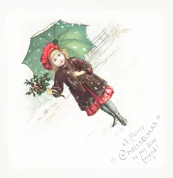 Girl holding umbrella and holly in the snow