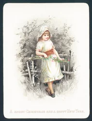 Girl leaning on fence holding spray of flowers
