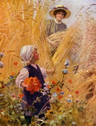 Girl Picking Poppies in a Cornfield as a Woman Gathers in the Harvest