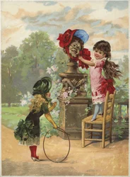 Girl Putting Bonnet on Statue; Another Girl with Hoop