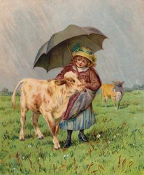 Girl Sheltering a Calf from the Rain