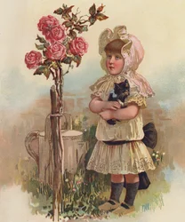 Girl with a cat and a rose tree