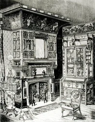 Gothic cabinet and a highly decorated chimney piece from part of a room set by Cox & Sons for Philadelphia
