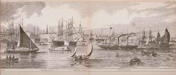 Grand Panorama of London, from the River Thames looking towards Shadwell, East India Docks and Limehouse, 1849
