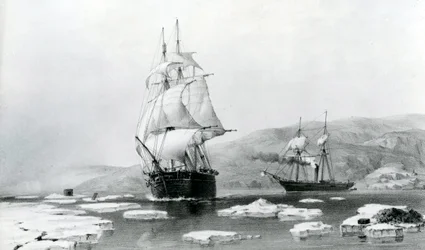 HMS Assistance and Pioneer breaking out of Winter quarters in 1854