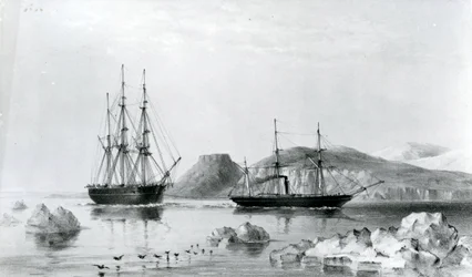 HMS Assistance in Tow of Pioneer Passing John Harrow Mount, North Wellington Channel in 1853