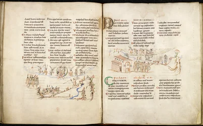 Double-page spread from Harley Psalter with pen drawings