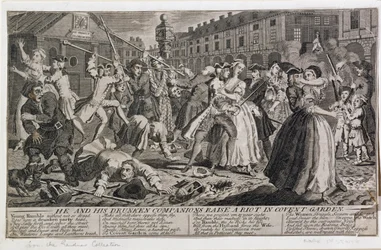 He and His Drunken Companions Raise a Riot in Covent Garden, 1735