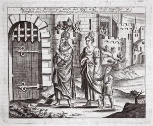 Henricus the Emperor with his wife and child waiting, barefoot and barelegged, three days and three nights at the gates of Canusuam, illustration from Acts and Monuments by John Foxe, ninth edition