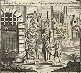 Henry 4 Emperor waiting 3 days and nights in frost & snow for admittance to Pope Gregory, illustration from Acts and Monuments by John Foxe, ninth edition, pub. 1684