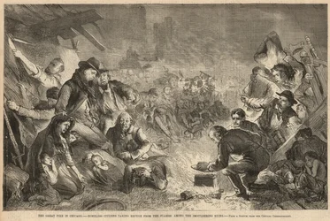 Homeless Citizens Taking Refuge from the Flames Among the Smouldering Ruins