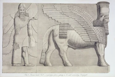 Human-headed Bull and winged figure from a gateway on the wall surrounding Koujunjik (plate 3) from Nineveh and its Remains by Austen Henry Layard published 1849