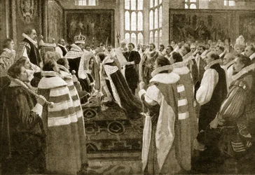 James I invests his son Charles as Prince of Wales, 1616, illustration from Hutchinson