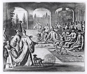 Jesuits with Dutch and Portuguese merchants at the court of the Japanese Emperor, illustration from A Memorable Embassy to the Emperor of Japan by Arnold Montanus, published in London 1670