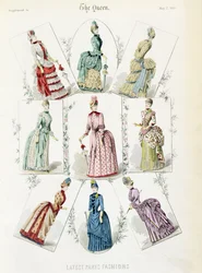 Latest Paris Fashions, Nine Day Dresses in a Fashion Plate from a Supplement to The Queen, May 1885