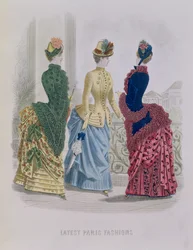 Latest Paris Fashions, Three Day Dresses in a Fashion Plate from The Queen, May 1885