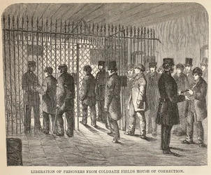Liberation of prisoners from Coldbath Fields House of Correction, illustration from The Criminal Prisons of London and Scenes from Prison Life by Henry Mayhew and John Binny, pub. 1862