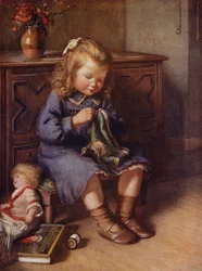 Little Girl Sewing Clothes for Her Doll