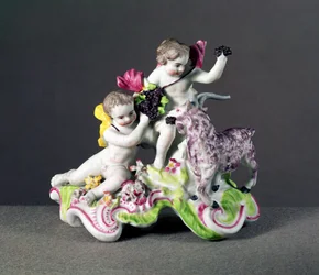 Longton Hall group, two putti with goat, c.1755