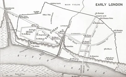 Map of London in the 11th century, from “A Short History of the English People” by J. R. Green, published 1893
