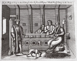 Master Philpots being in the Colehouse, where he found Thomas Whittle, priest, sitting in the stocks, illustration from Acts and Monuments by John Foxe, ninth edition, published 1684