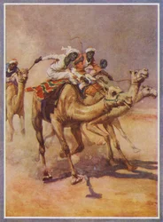 Men Riding Camels in a Race in the Desert
