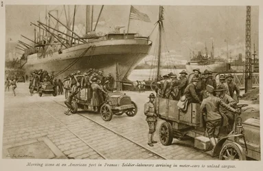 Morning Scene at an American Port in France: Soldier Labourers Arriving in Motor Cars to Unload Cargoes