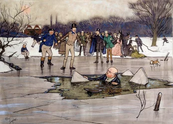 Mr. Pickwick on the Ice (Illustration of the works of Charles Dickens)