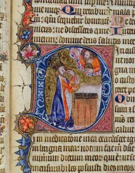 Psalm 38, David pointing to his mouth, from the Ramsey Abbey Psalter