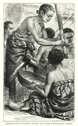 Native Girls Pounding Millet on Board a Missionary Vessel