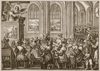 Oliver Cromwell preaching to a puritan congregation, illustration from The Church of England: A History for the People by H.D.M. Spence-Jones