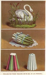 Ornamental moulds for creating iced foods in the shape of a swan and a bundle of asparagus