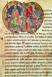Page from the Charter of Kelso Abbey with an illuminated initial depicting King David I and his grandson Malcolm IV, 1159