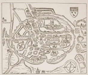 Panoramic view of Canterbury in the sixteenth century, illustration from The Church of England: A History for the People by H.D.M. Spence-Jones