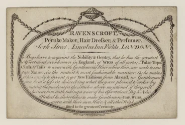 Ravenscroft Peruke Maker, trade card
